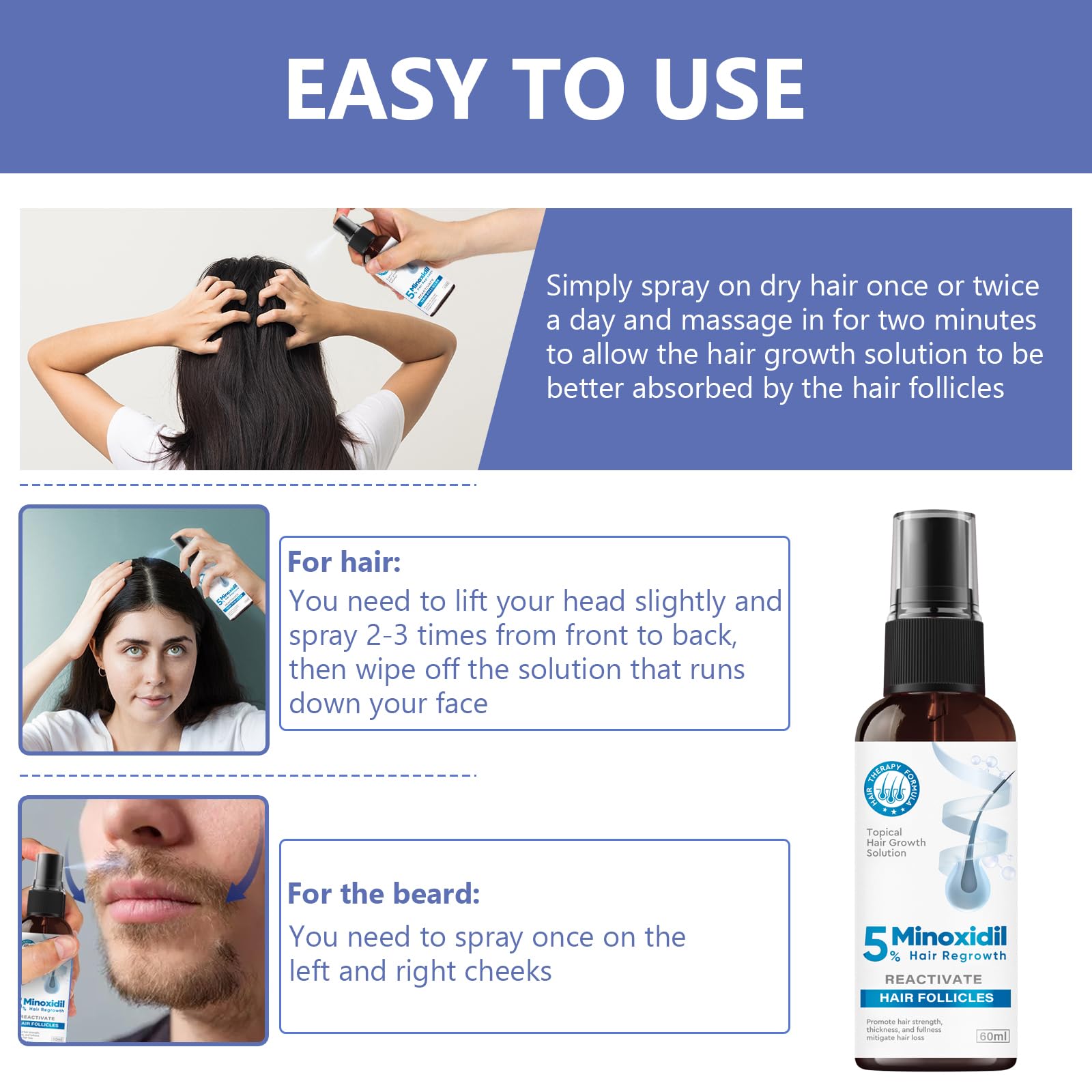 ZVBZVB Minoxidil 5% Hair Growth Spray – Thicker Hair & Beard, 60ml