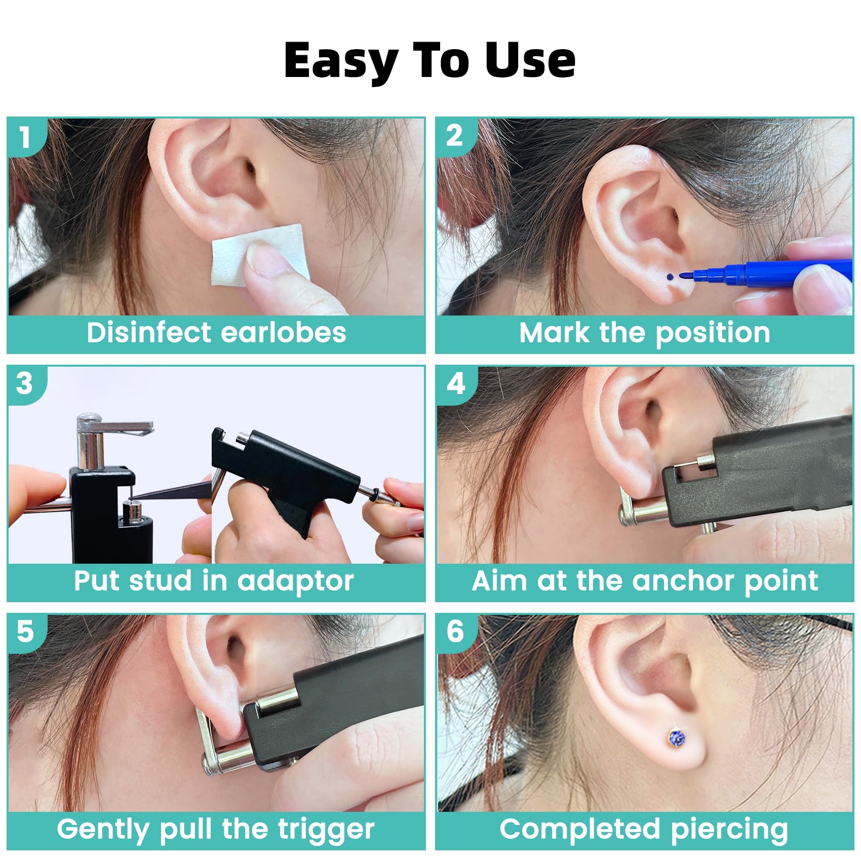 Zygc Professional Ear Piercing Kit – 63 CZ Diamond Studs, 254-Piece Set for Home & Salon