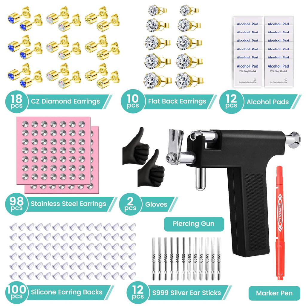 Zygc Professional Ear Piercing Kit – 63 CZ Diamond Studs, 254-Piece Set for Home & Salon