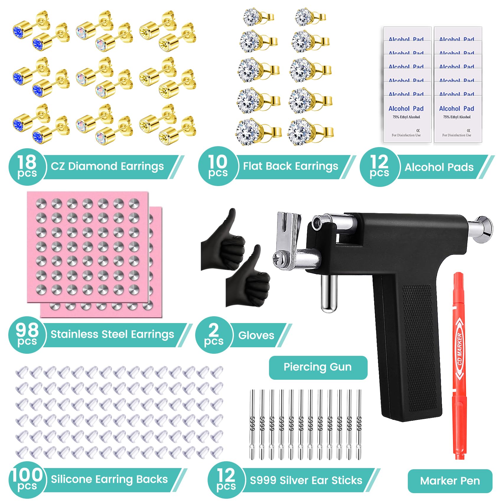 Zygc Professional Ear Piercing Kit – 63 CZ Diamond Studs, 254-Piece Set for Home & Salon