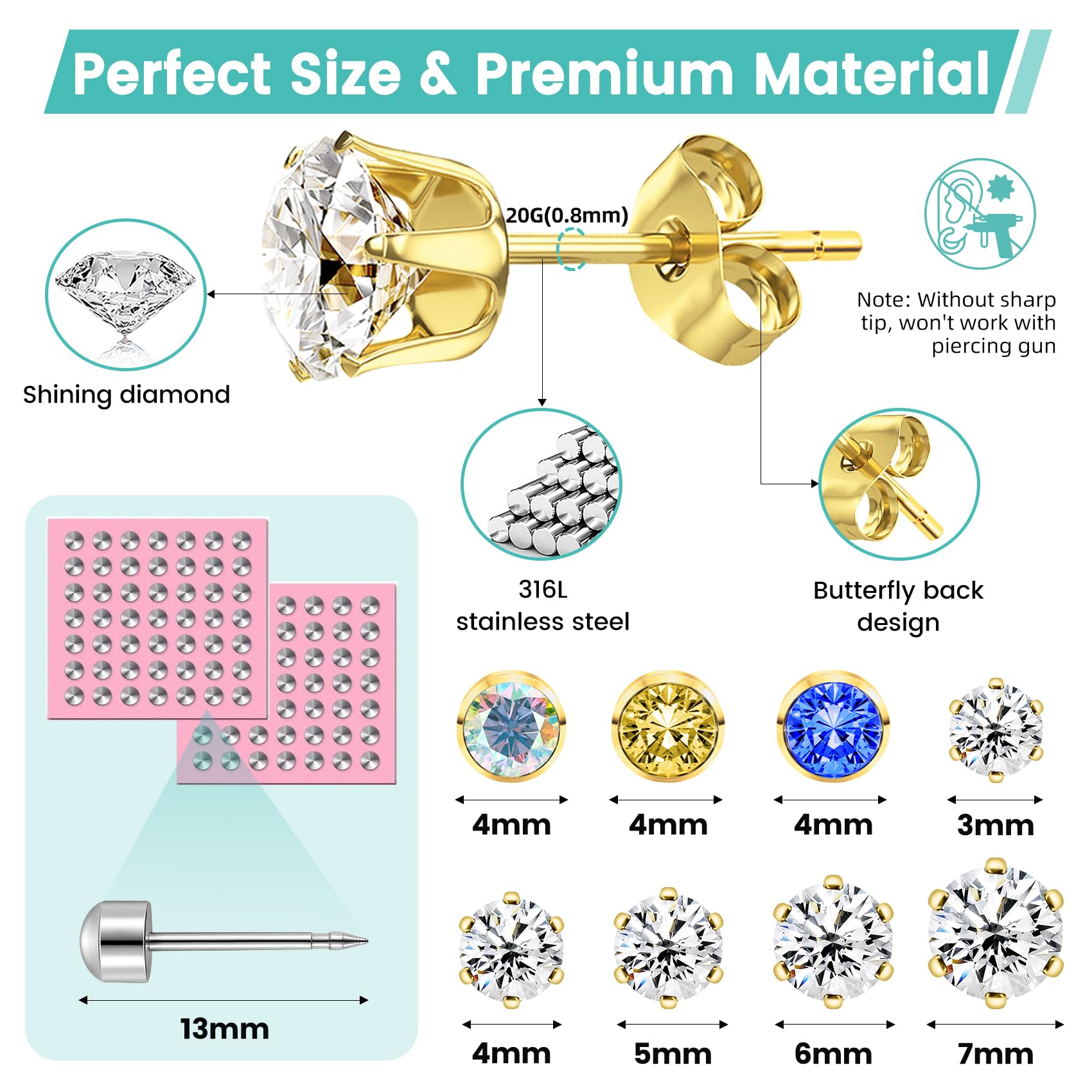 Zygc Professional Ear Piercing Kit – 63 CZ Diamond Studs, 254-Piece Set for Home & Salon
