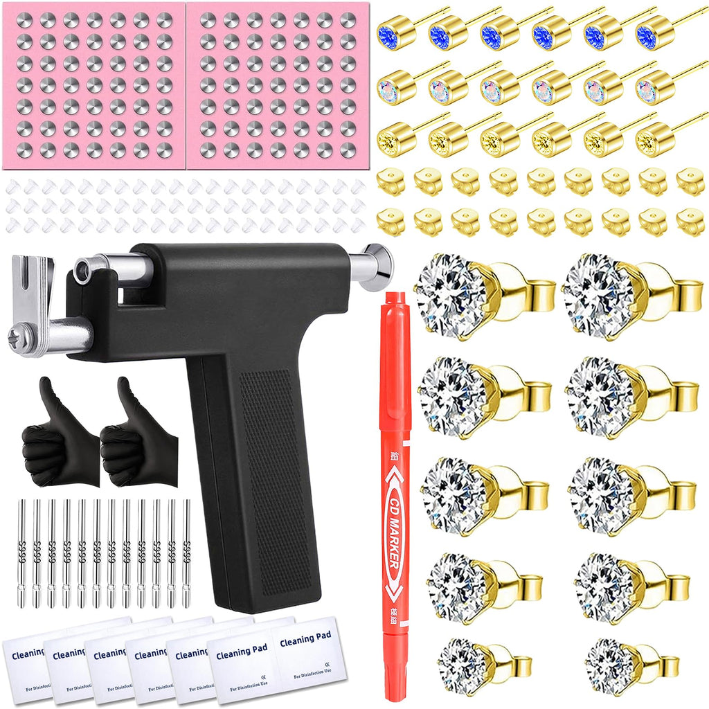 Zygc Professional Ear Piercing Kit – 63 CZ Diamond Studs, 254-Piece Set for Home & Salon