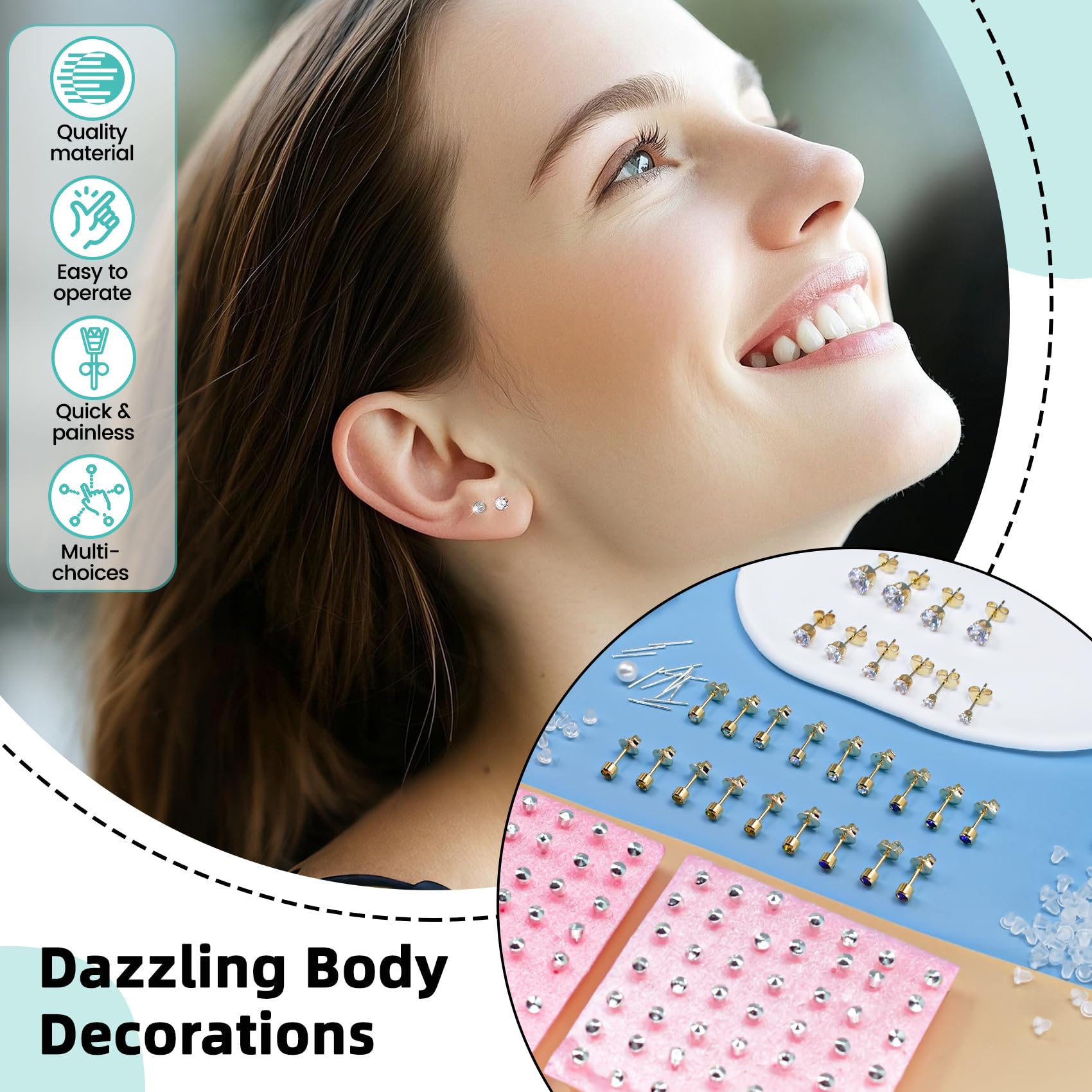 Zygc Professional Ear Piercing Kit – 63 CZ Diamond Studs, 254-Piece Set for Home & Salon