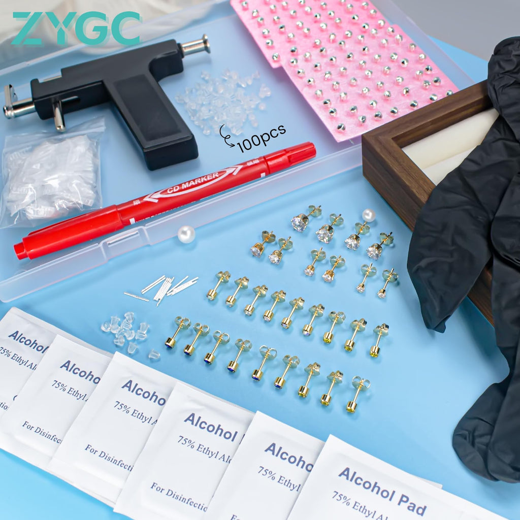 Zygc Professional Ear Piercing Kit – 63 CZ Diamond Studs, 254-Piece Set for Home & Salon