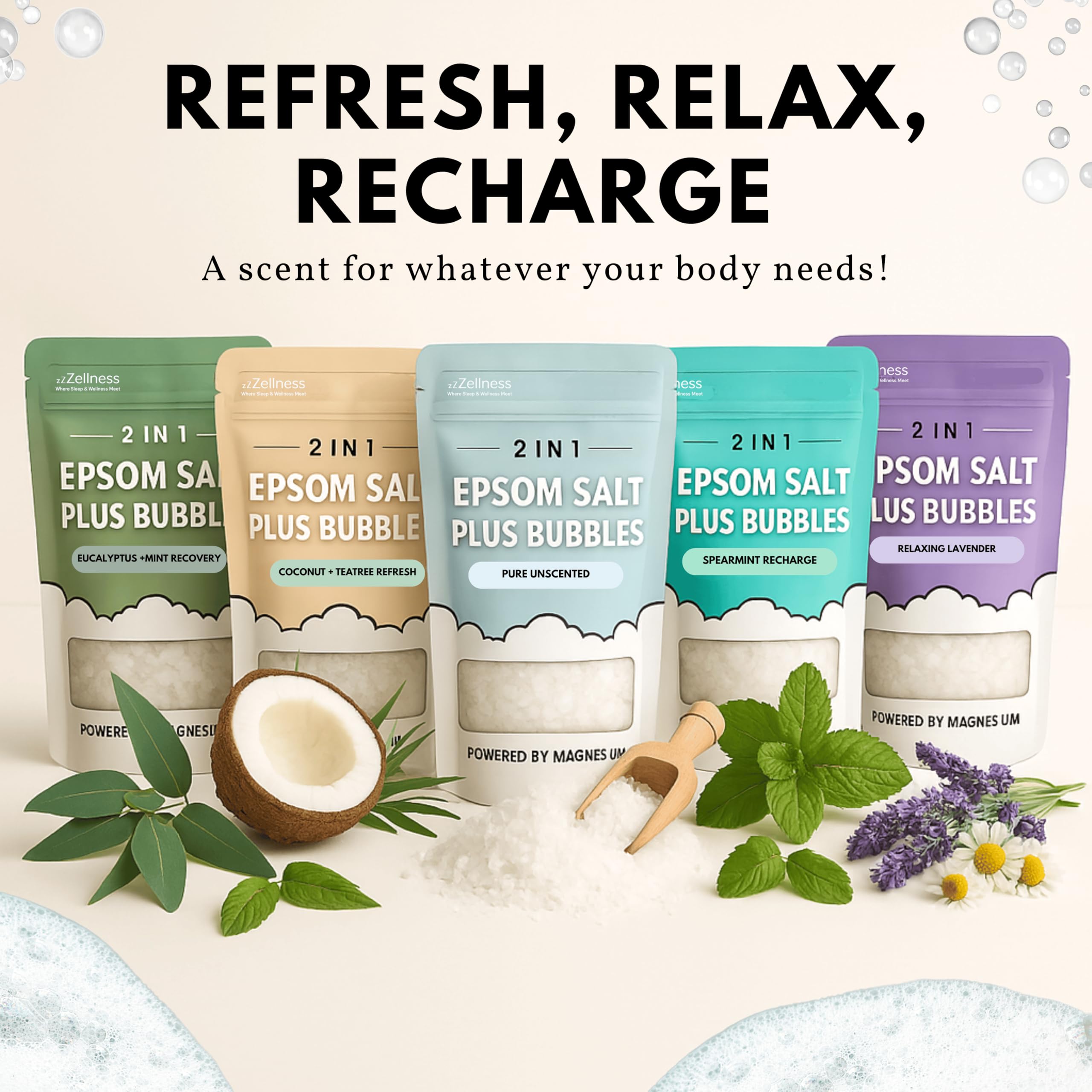 ZZZELLNESS Epsom Salt Plus Bubbles – Unscented Foaming Bath Soak (12 oz)