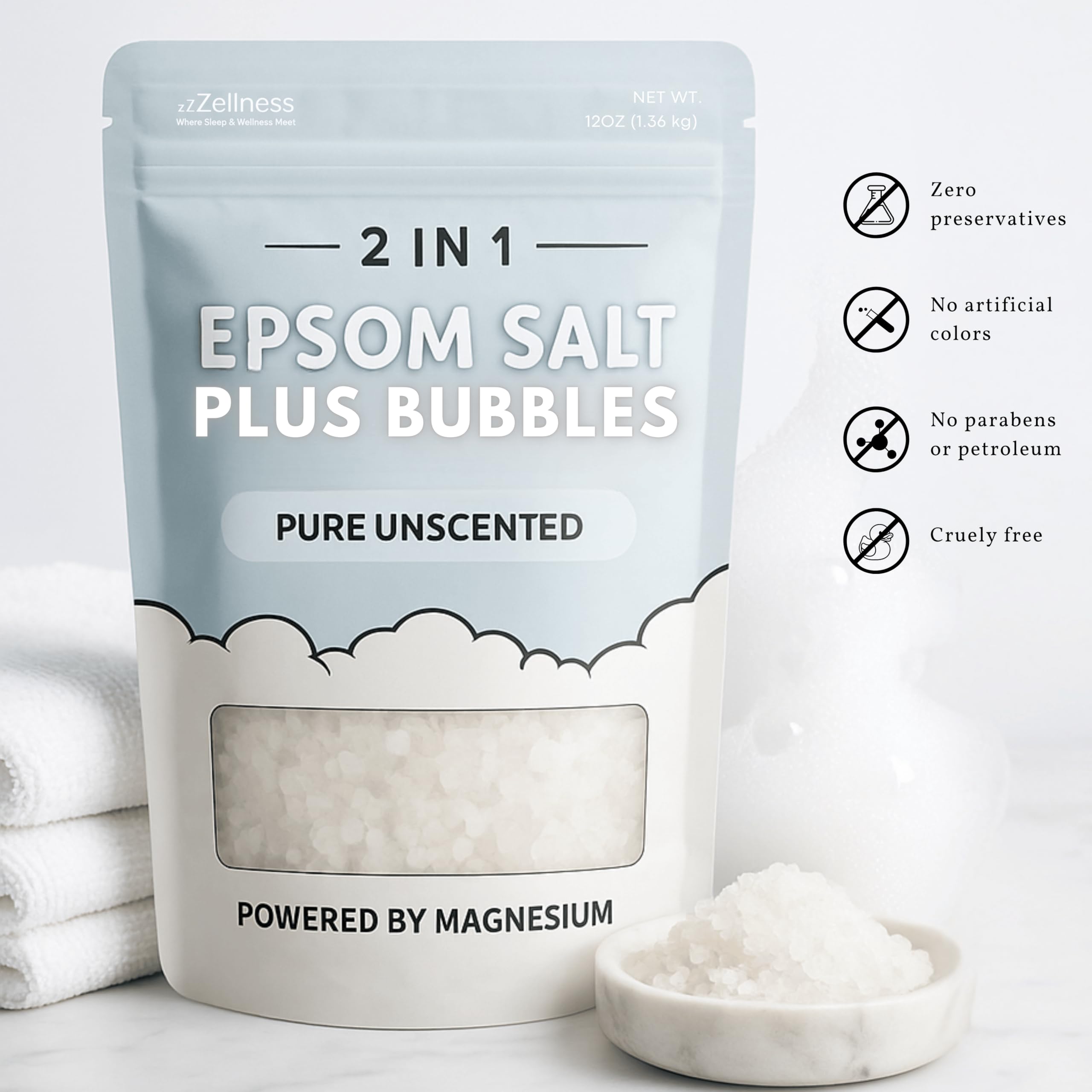 ZZZELLNESS Epsom Salt Plus Bubbles – Unscented Foaming Bath Soak (12 oz)